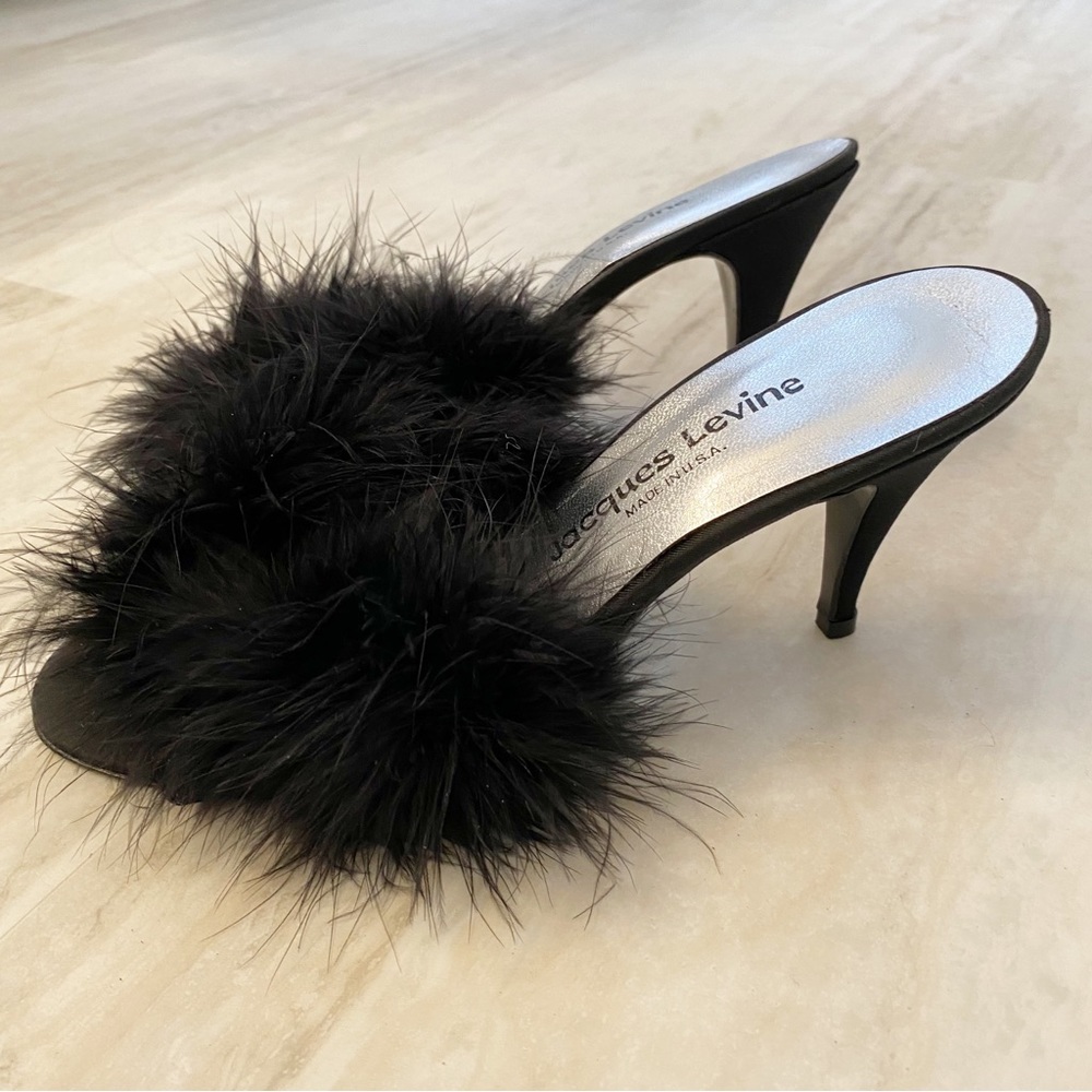 Jacques Levine Sz 7M Black Feather Heels Mules Vintage - Picture 8 of 10